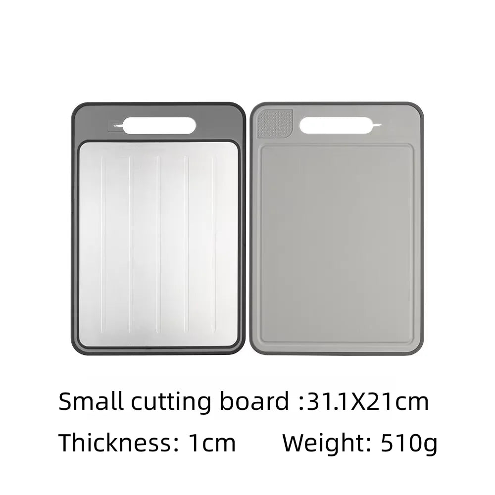 Maison Verdane dual-surface aluminum cutting board with quick-thaw tech and integrated knife sharpener, shown with knives and food prep scene.