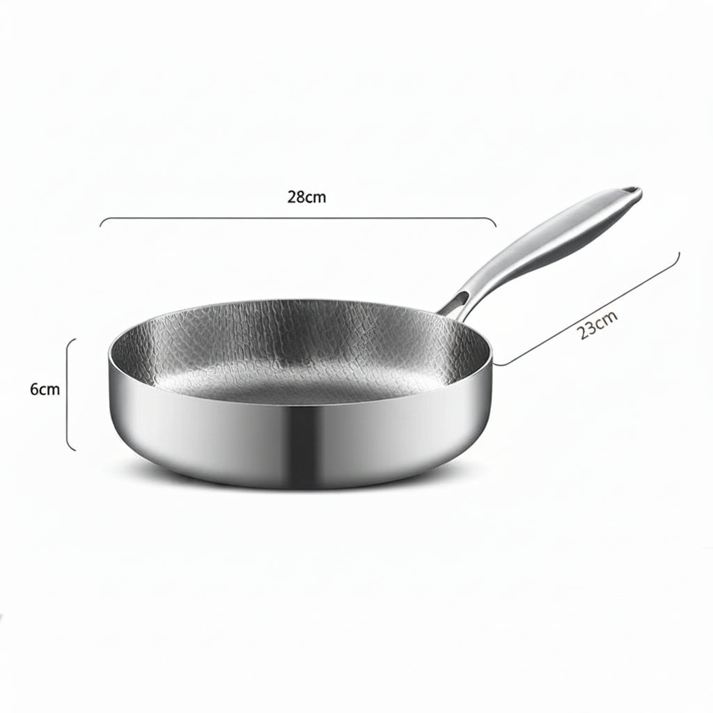 Maison Verdane non-stick stainless steel frying pan with uncoated surface, suitable for gas and induction stovetops.