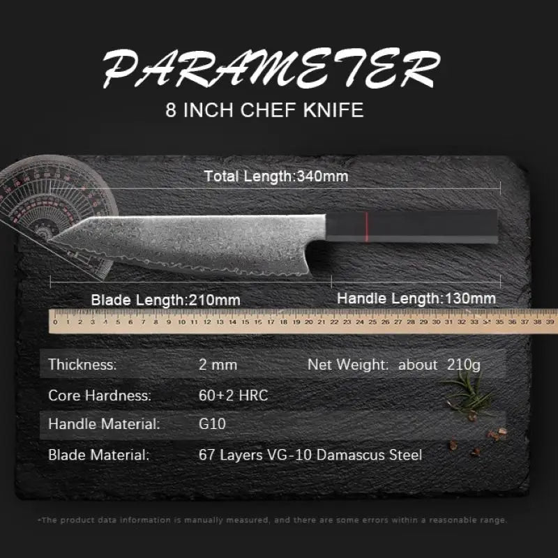 Maison Verdane 8-inch 67-layer Damascus chef knife with a sharp, patterned blade and ergonomic handle for professional kitchen use