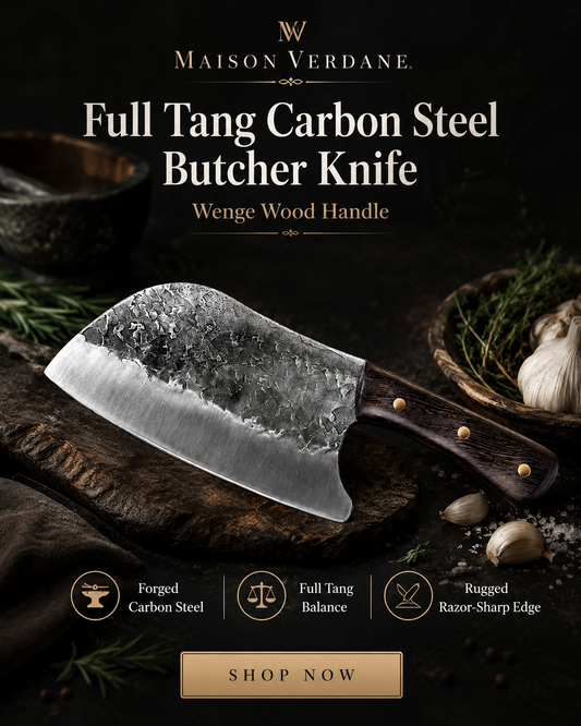 Maison Verdane full tang carbon steel butcher knife with Wenge wood handle, showcasing its sharp blade and ergonomic grip.