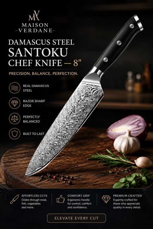 Maison Verdane Damascus Steel Santoku Chef Knife, 8-inch blade with intricate pattern and sharp edge for precise slicing.