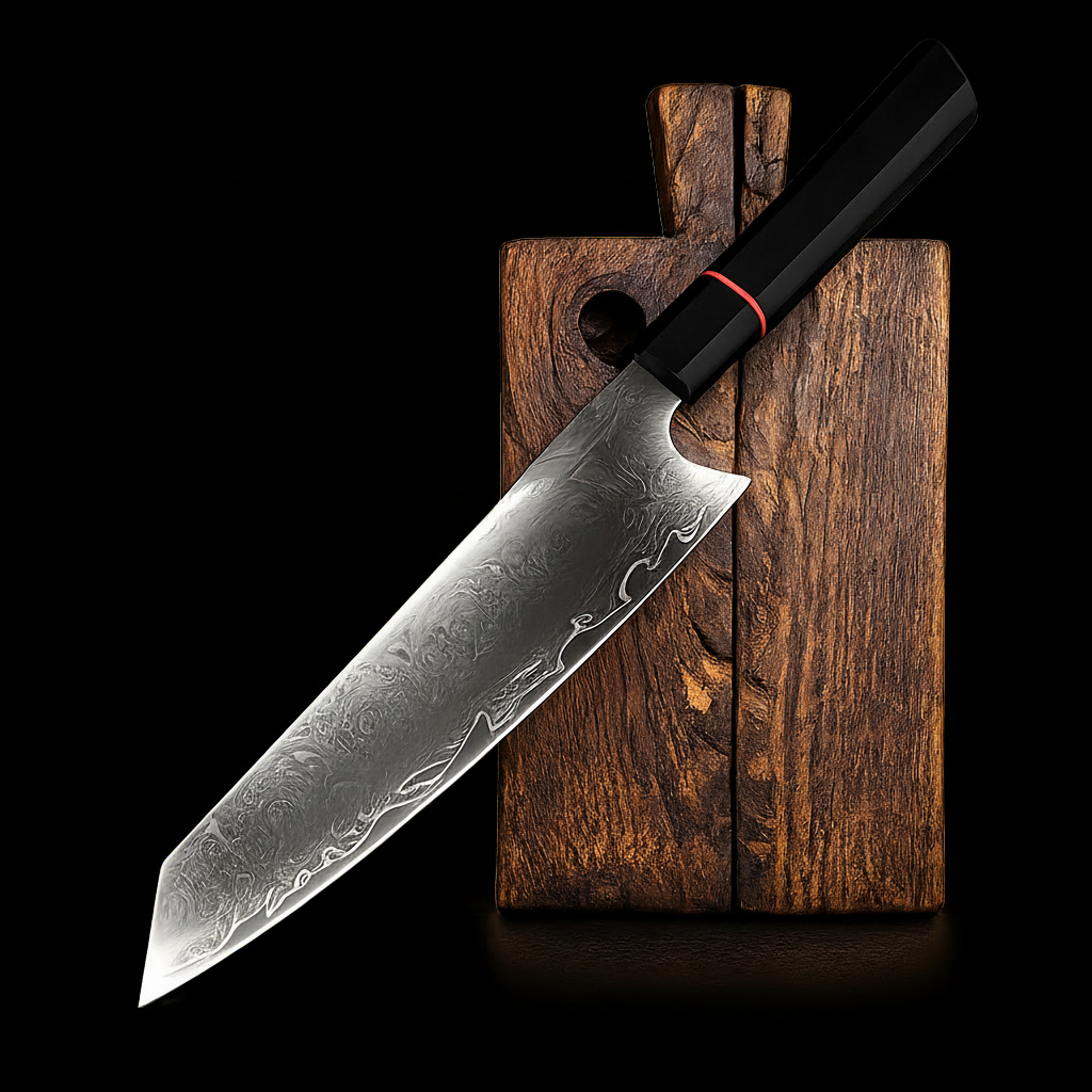 Maison Verdane 8-inch 67-layer Damascus chef knife with a polished blade and ergonomic handle for precise culinary cutting.
