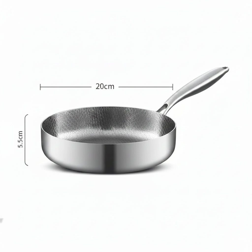 Maison Verdane non-stick stainless steel frying pan with uncoated surface, suitable for gas and induction stovetops.