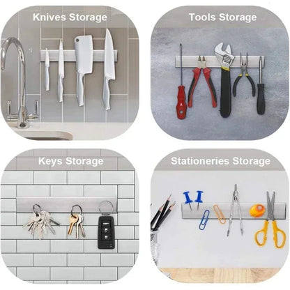 Stainless steel Wall Mount Magnetic Knife Holder by Maison Verdane with black rubber accents for kitchen knife organization.