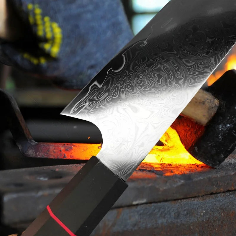 Maison Verdane 8-inch 67-layer Damascus chef knife with a sleek, polished blade and ergonomic handle for precise culinary prep.