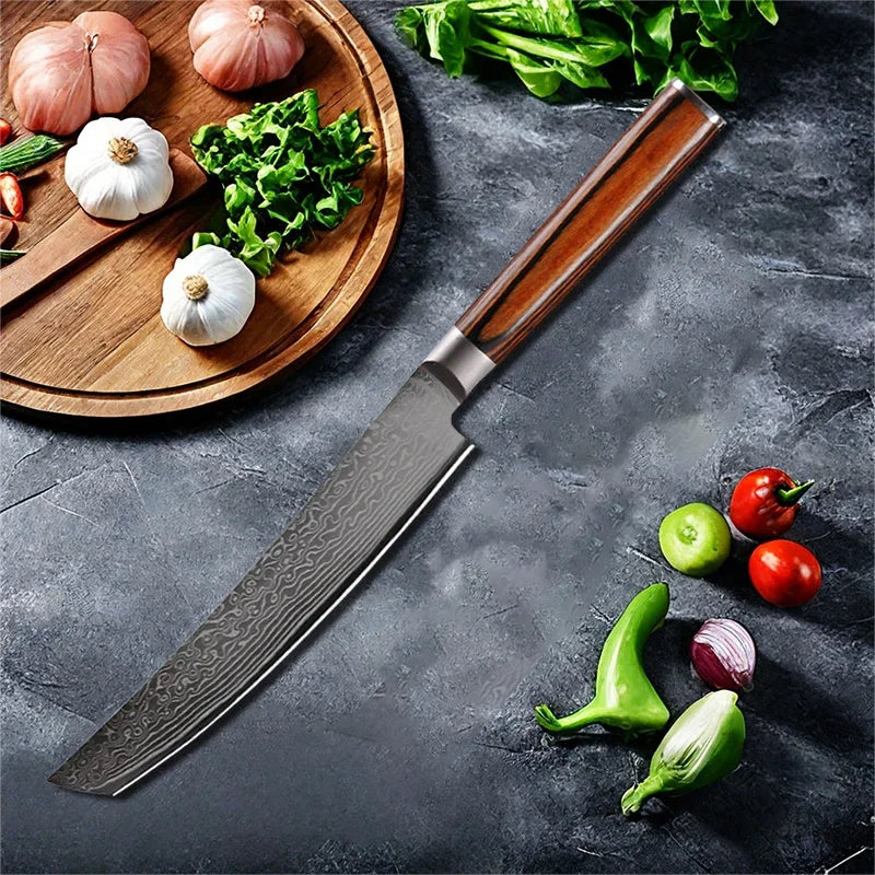 Maison Verdane 67-layer Damascus chef's knife with a 6-inch Japanese blade showcasing its intricate layered steel pattern and sharp edge.