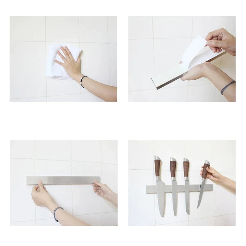 Stainless steel wall mount magnetic knife holder from Maison Verdane with knives attached for organized kitchen storage.