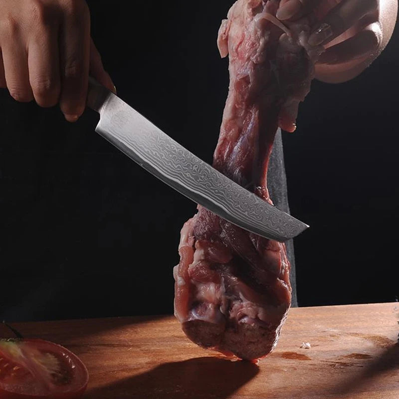 Maison Verdane 67-layer Damascus 6-inch Japanese chef's knife with intricate layered steel pattern and sharp precision edge.