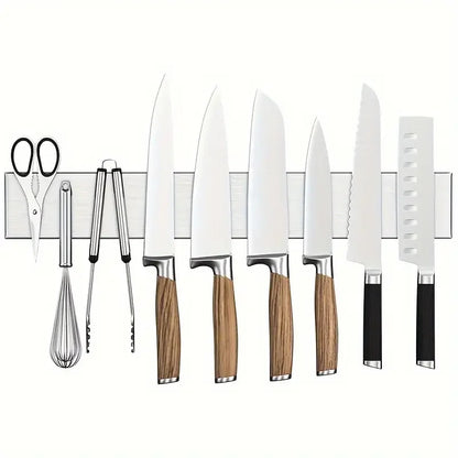Maison Verdane stainless steel magnetic knife holder mounted on wall with knives attached for kitchen storage