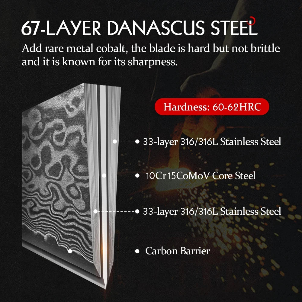 Maison Verdane 67-layer Damascus 6-inch Japanese chef's knife with intricate layered pattern and sharp cutting edge.