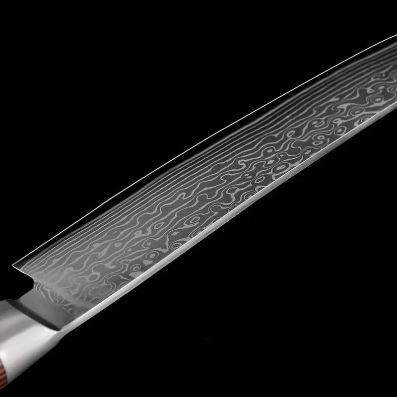Maison Verdane 67-layer Damascus 6-inch Japanese chef's knife with a sharp, patterned blade and ergonomic handle for precise slicing.