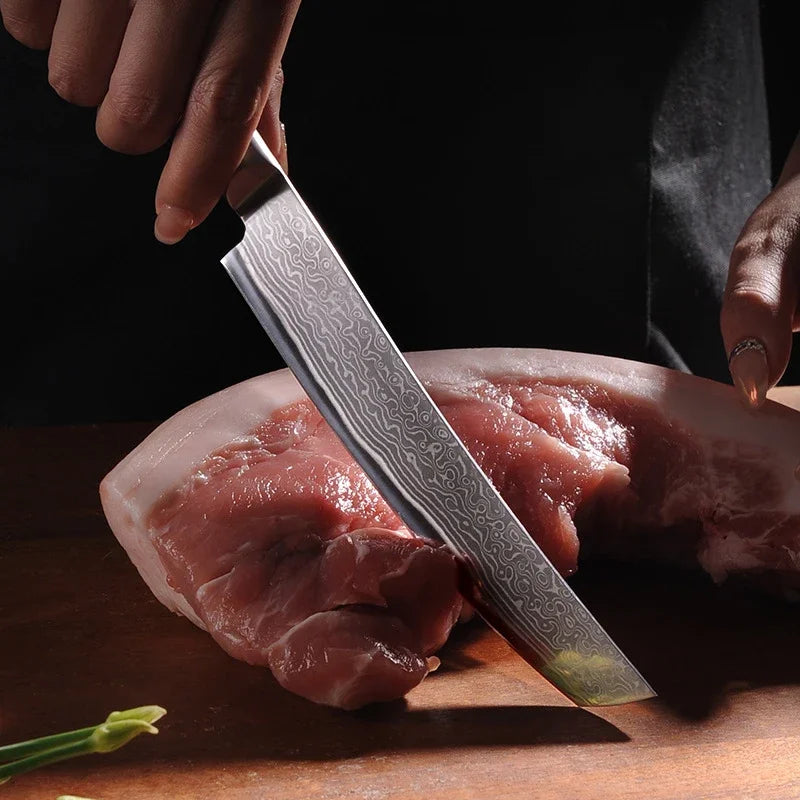 Maison Verdane 67-layer Damascus 6-inch Japanese chef's knife with a textured blade and ergonomic handle for precise slicing and chopping.