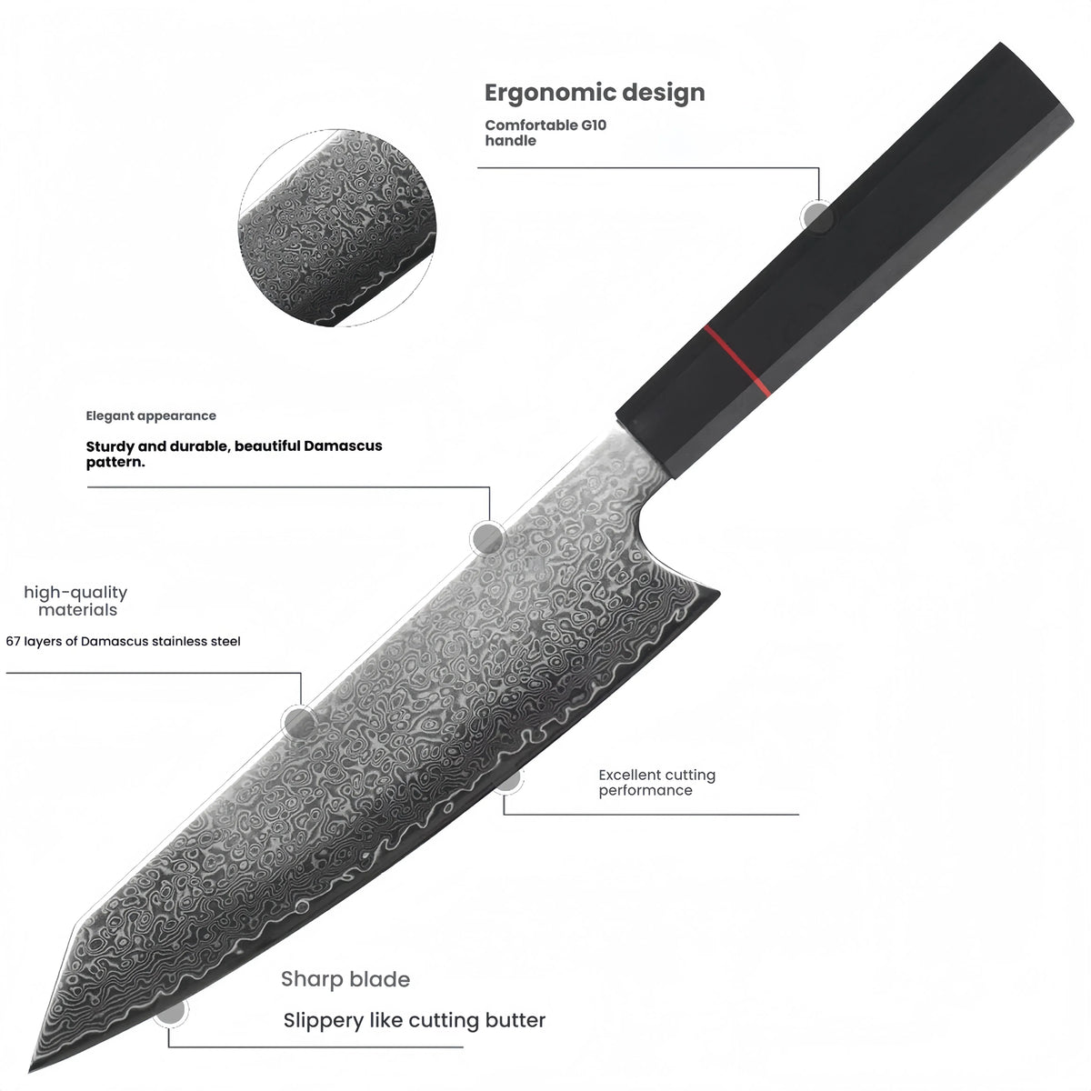 Maison Verdane 8-inch 67-layer Damascus chef knife with a sharp, polished blade and ergonomic handle for precise kitchen cutting.