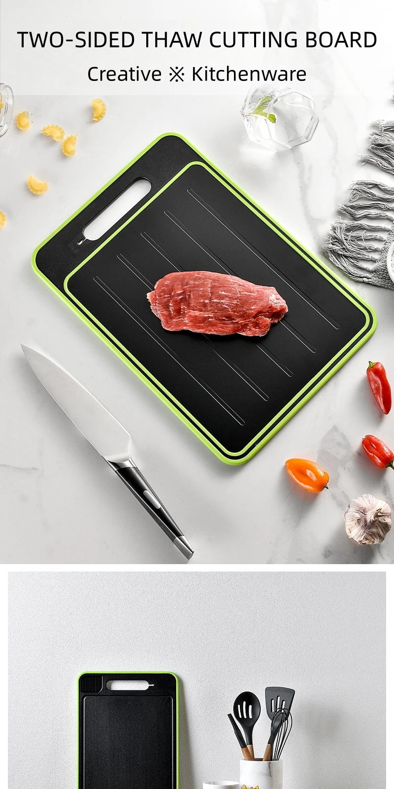 Dual-Surface Aluminum Cutting Board with Quick-Thaw Technology + Knife Sharpener