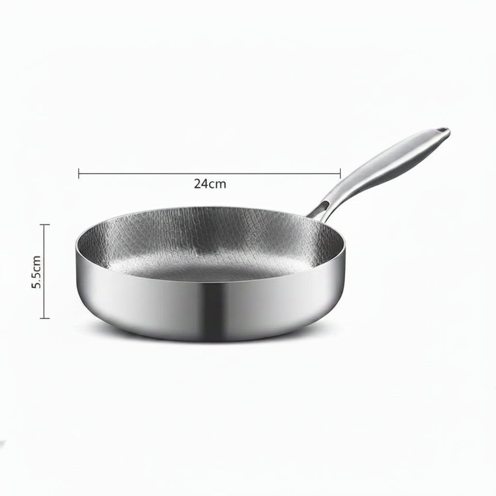 Maison Verdane non-stick stainless steel frying pan with uncoated surface, suitable for gas and induction cooktops, shown in image.