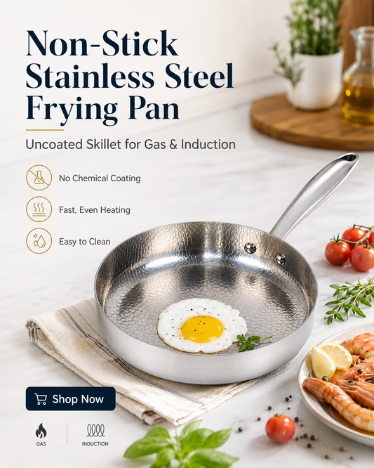 Maison Verdane non-stick stainless steel frying pan with uncoated skillet for gas and induction cooktops, showing the pan's interior surface.